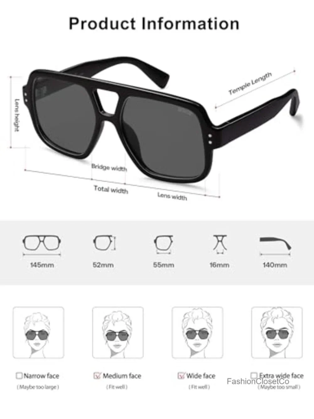 Retro Square Polarized Aviator Sunglasses UV400 TAC Lens Oversized Unisex